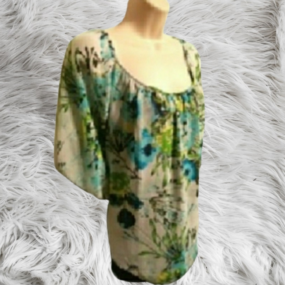 ⭐A) Cato Women’s Floral Blouse XL – Green Blue Abstract Print Flowy Top